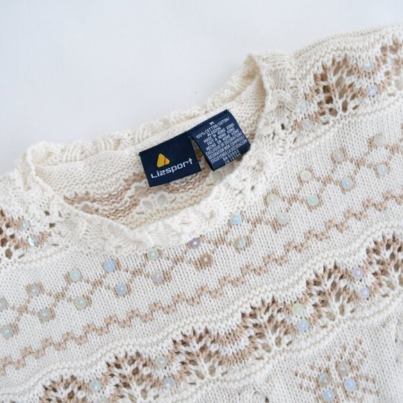 Vintage Liz Sport Cream w Tan Snowflakes Knit Beaded Crewneck Sweater M - Picture 9 of 12